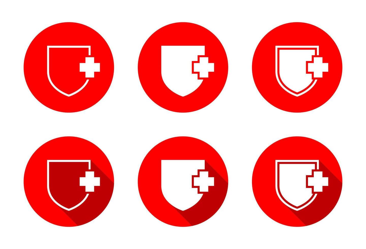 Medical shield icon set with long shadow. Healthy badge sign symbol vector