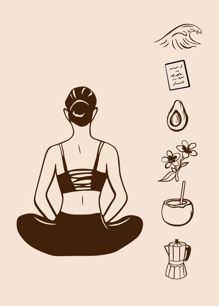 Silhouette of a woman meditating in yoga pose with tropical lifestyle icons including wave, journal, avocado and coffee vector