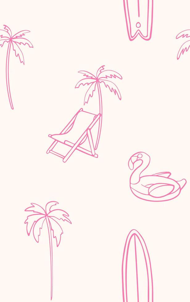 Minimal seamless pattern of pink summer icons including palm trees, deck chair, surfboards and inflatable flamingo on beige background vector