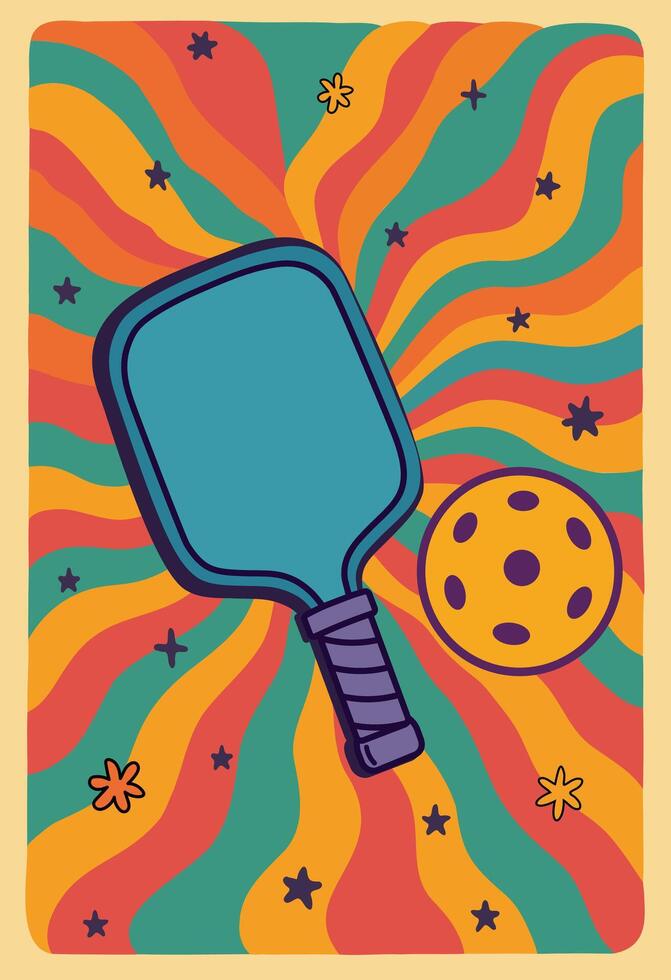 Retro pickleball poster with a paddle and ball on a colorful wavy psychedelic background, playful star decorations vector