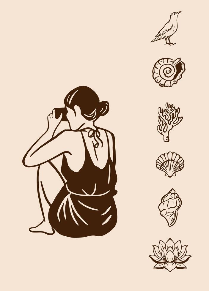 Silhouette of a woman taking photos while sitting, surrounded by tropical nature elements on a beige background vector