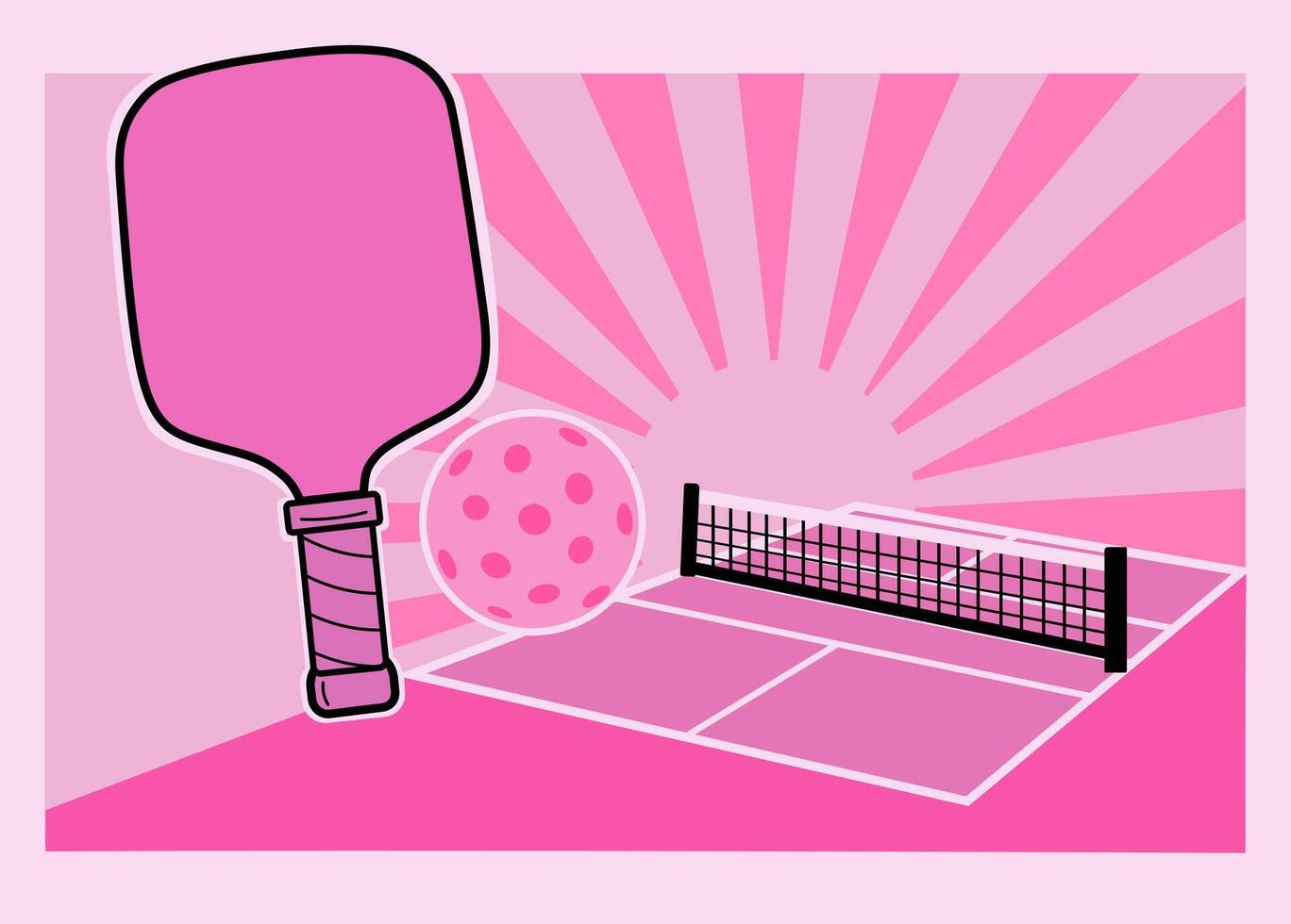 Bright pink illustration of a pickleball court with paddle, perforated ball, net, and a stylized sunburst background vector