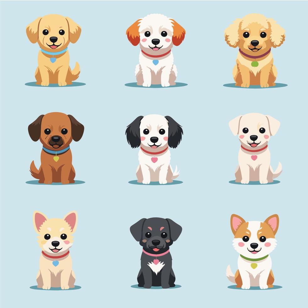 Kawaii Dogs Collection. Cute Puppy Illustrations in Flat Design vector