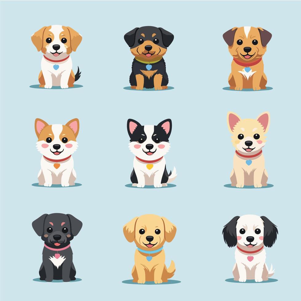 Kawaii Dog Collection. Adorable Puppies with Colorful Collars vector