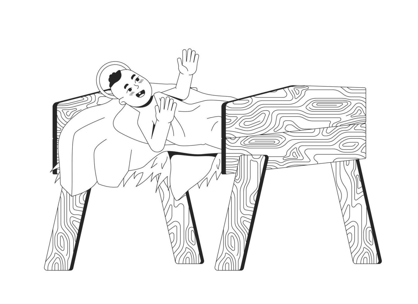 Jesus Christ baby lying in manger 2D line bible character. Messiah birth. Newborn savior with halo swaddled in straw bedding isolated ink outline person. Monochromatic spot illustration vector