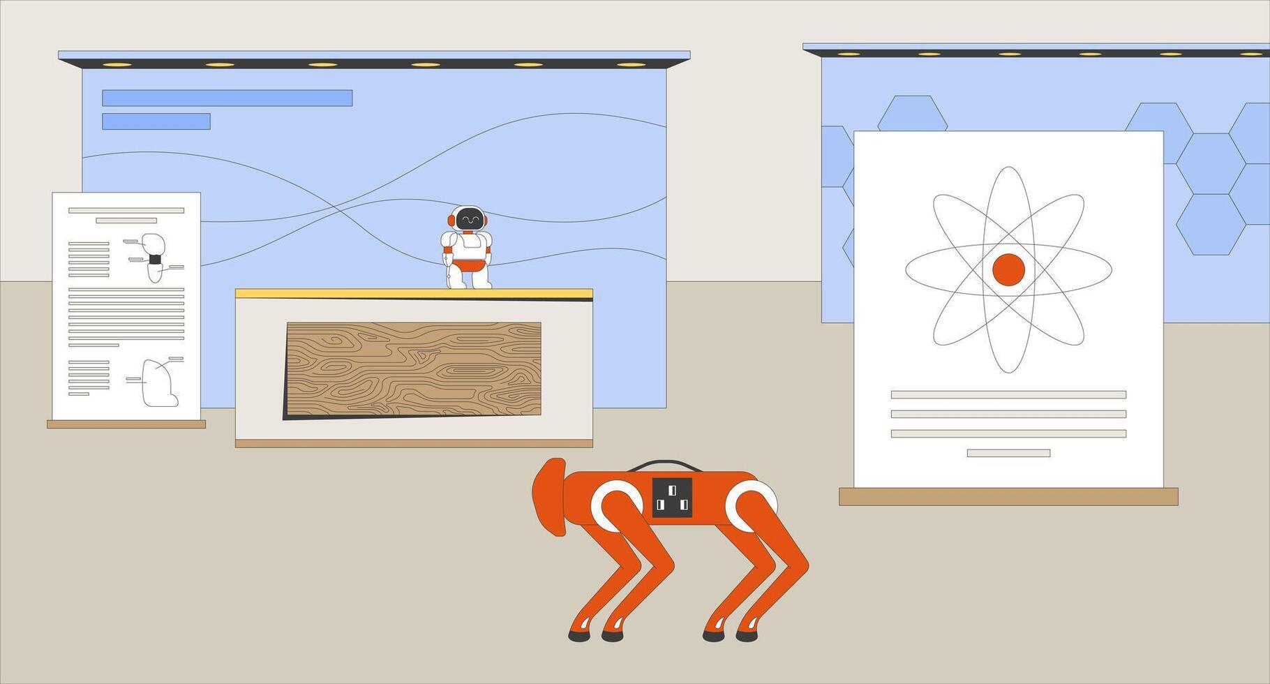 Empty robotics and technology science exhibition flat illustration background. Robots expo hall. Trade show. STEM fair display, educational booths 2D cartoon backdrop. Colorful scene art image vector