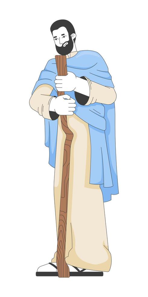 Joseph holding wooden staff 2D cartoon bible character. Biblical kind guardian. Spiritual leader shepherd humble man standing flat person isolated on white. Spot illustration colorful vector