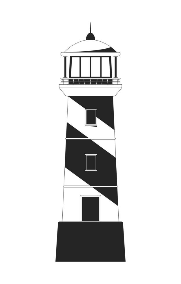 Striped lighthouse front view 2D line object. Nautical beacon. Guiding light. Maritime tower. Watchtower navigation. Marine guide isolated clipart ink outline item. Monochrome spot illustration vector