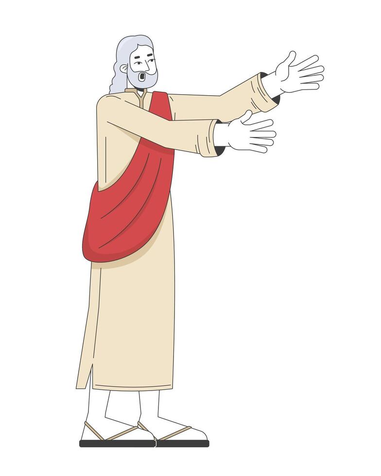 Biblical prophet in traditional robes reaching forward 2D cartoon bible character. Holy man proclaiming. God messenger extended arms flat person isolated on white. Spot illustration colorful vector