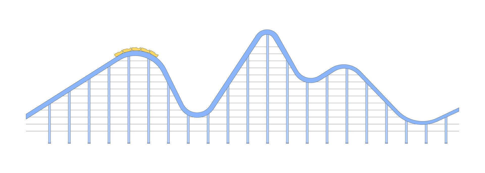 Thrilling roller coaster ride 2D cartoon object. Amusement theme park attraction steep drop. Rail rollercoaster train reaching peak isolated element flat clip art on white. Spot illustration vector