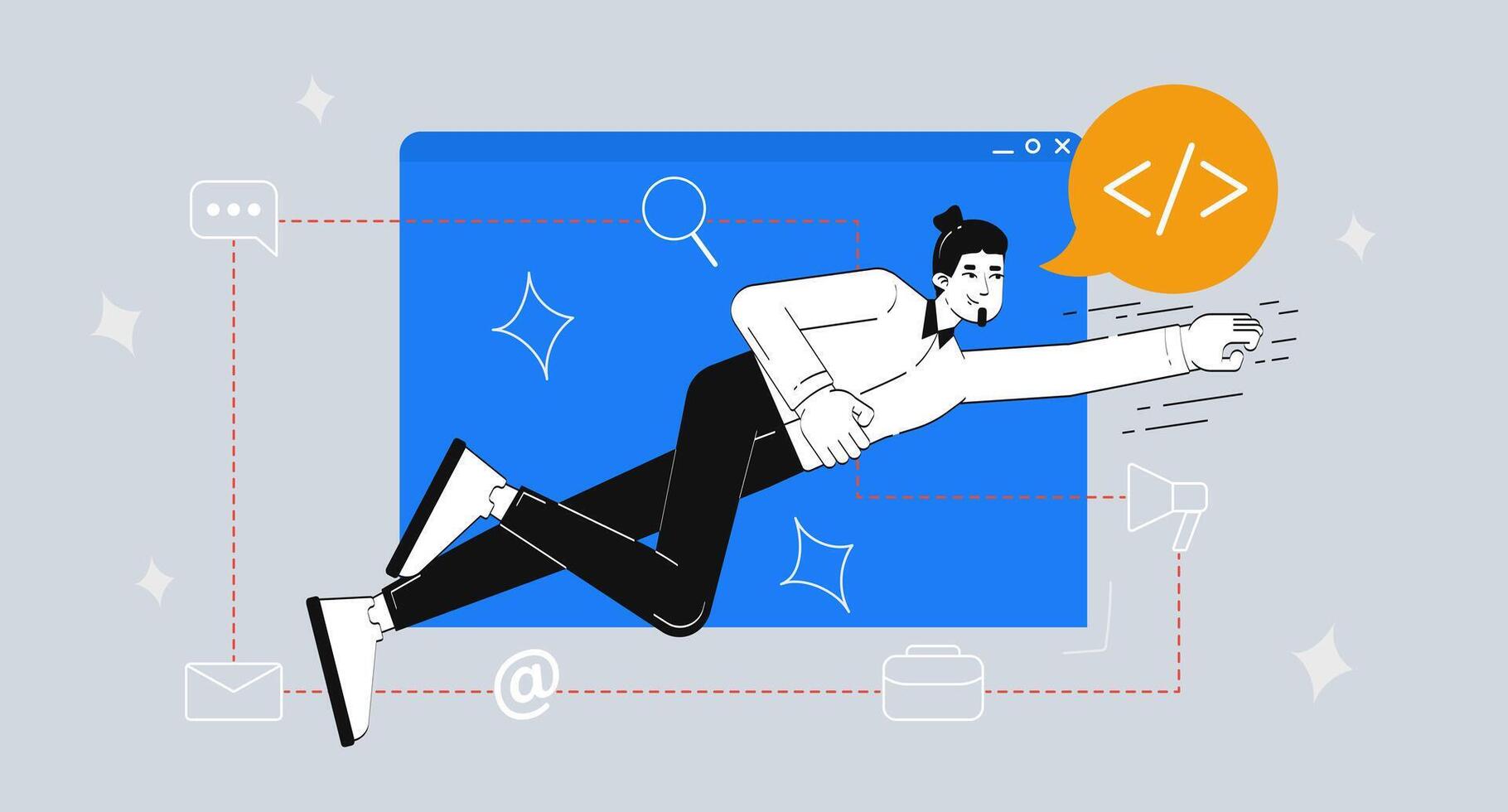 Superhero coder flying out browser window 2D illustration concept. Freelance programmer superpower. Front end web developer cartoon conceptual abstract art. Flat metaphor on grey background vector