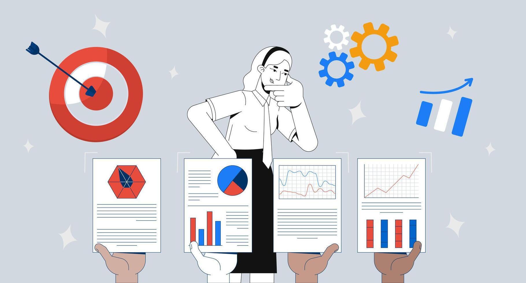 Data-driven decision making and business analytics 2D illustration concept. KPI analysis efficiency. Performance manager woman cartoon conceptual abstract art. Flat metaphor on grey background vector
