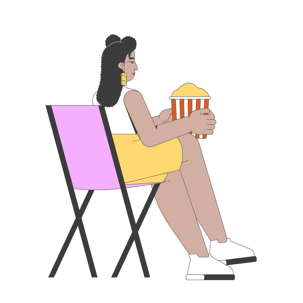 Curvy hispanic woman sitting in folding chair eating popcorn 2D cartoon character. Plus size latina girl with popcorn bucket flat person isolated on white. Spot illustration colorful vector