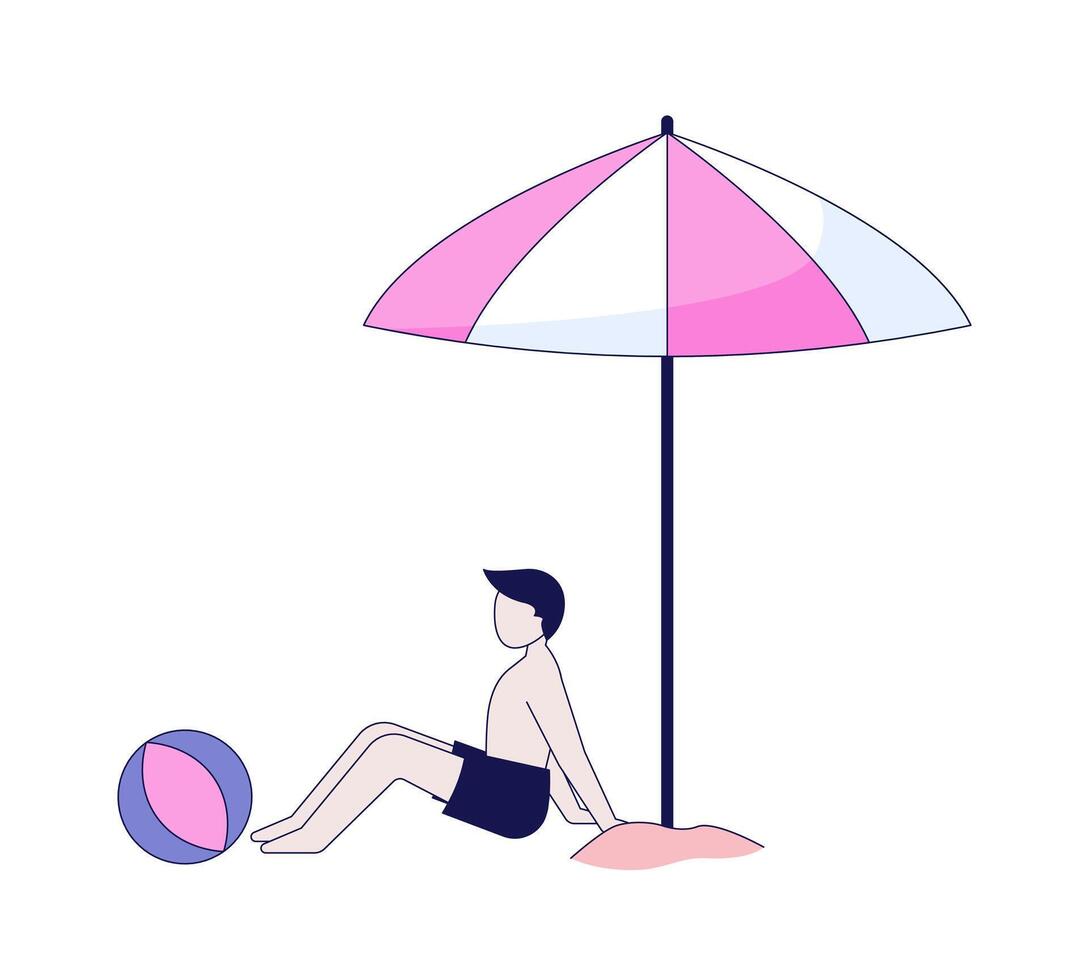 Beachgoer boy sitting under umbrella with beach ball 2D cartoon character. Relaxing child summer. Young man in swim trunks flat faceless person isolated on white. Spot illustration colorful vector