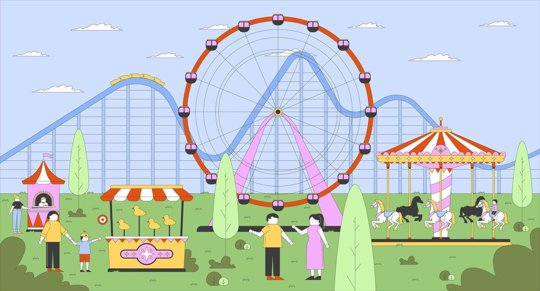 Amusement park with rides and families vector