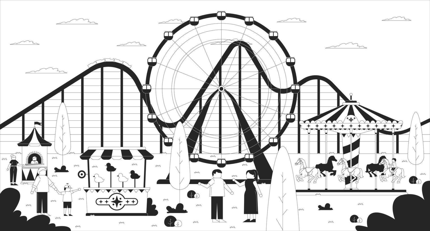 Funfair amusement park line illustration. Fairground attractions. Carnival rides, rollercoaster, ferris wheel. Visitors with children 2D ink linear characters monochrome. Flat outline image vector
