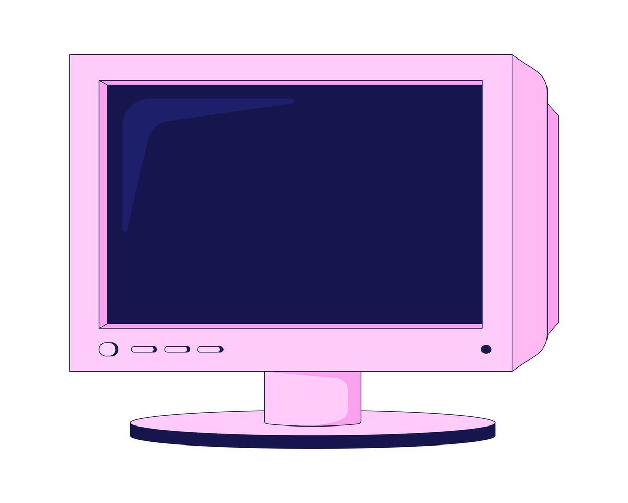 Retro pink CRT monitor front view 2D cartoon object. Desktop display outdated. Y2k hardware. Tech nostalgia. Oldschool technology isolated element flat clip art on white. Spot illustration vector