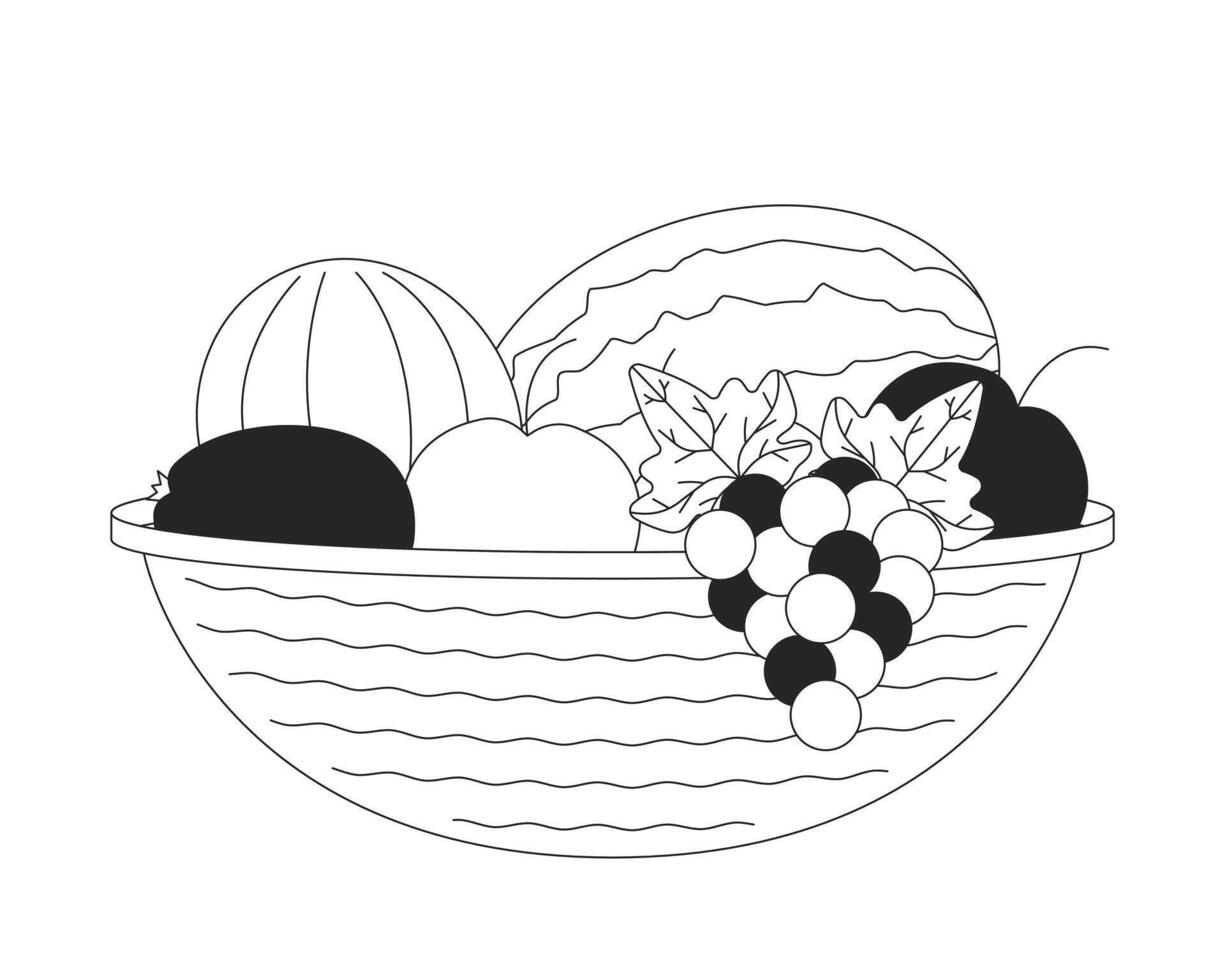 Woven basket brimming assorted fruits 2D line object. Fresh harvest. Healthy apples, melon, watermelon, grapes. Food abundance isolated clipart ink outline item. Monochrome spot illustration vector