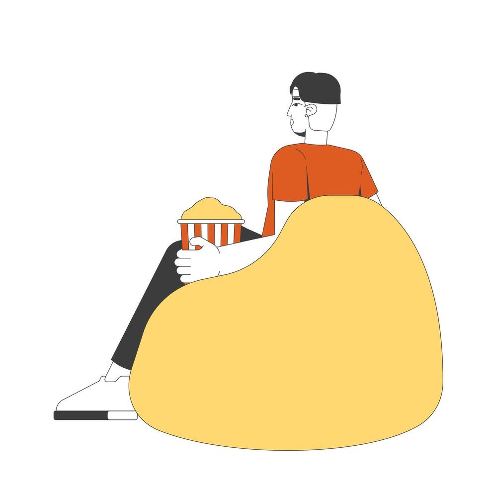 Young chinese man enjoying popcorn on bean bag 2D cartoon character. Snack time. Movie night. Asian boy with striped bucket in beanbag flat person isolated on white. Spot illustration colorful vector