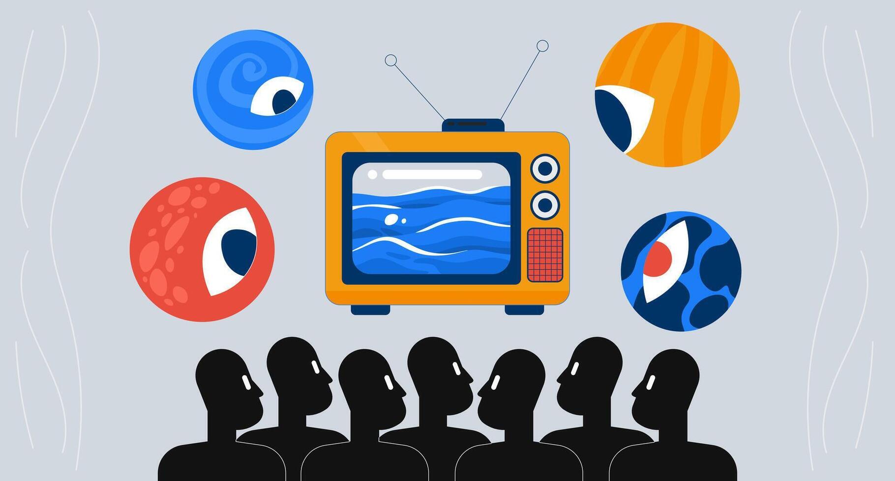 Audience watching television with surreal planetary eyes 2D illustration concept. Retro TV cosmic viewers. Media influence cartoon conceptual abstract art. Flat metaphor on grey background vector