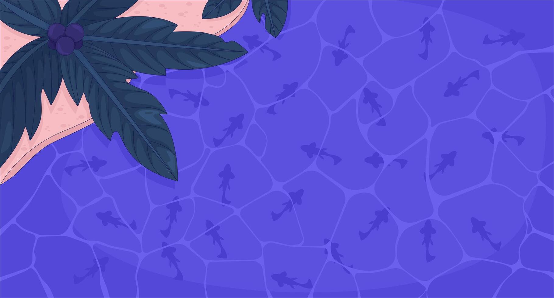 Top view tropical swimming pool with fishes and palm-tree flat illustration background. Resort poolside, beach edge overhead. Swimmingpool 2D cartoon lofi backdrop. Colorful scene art image vector