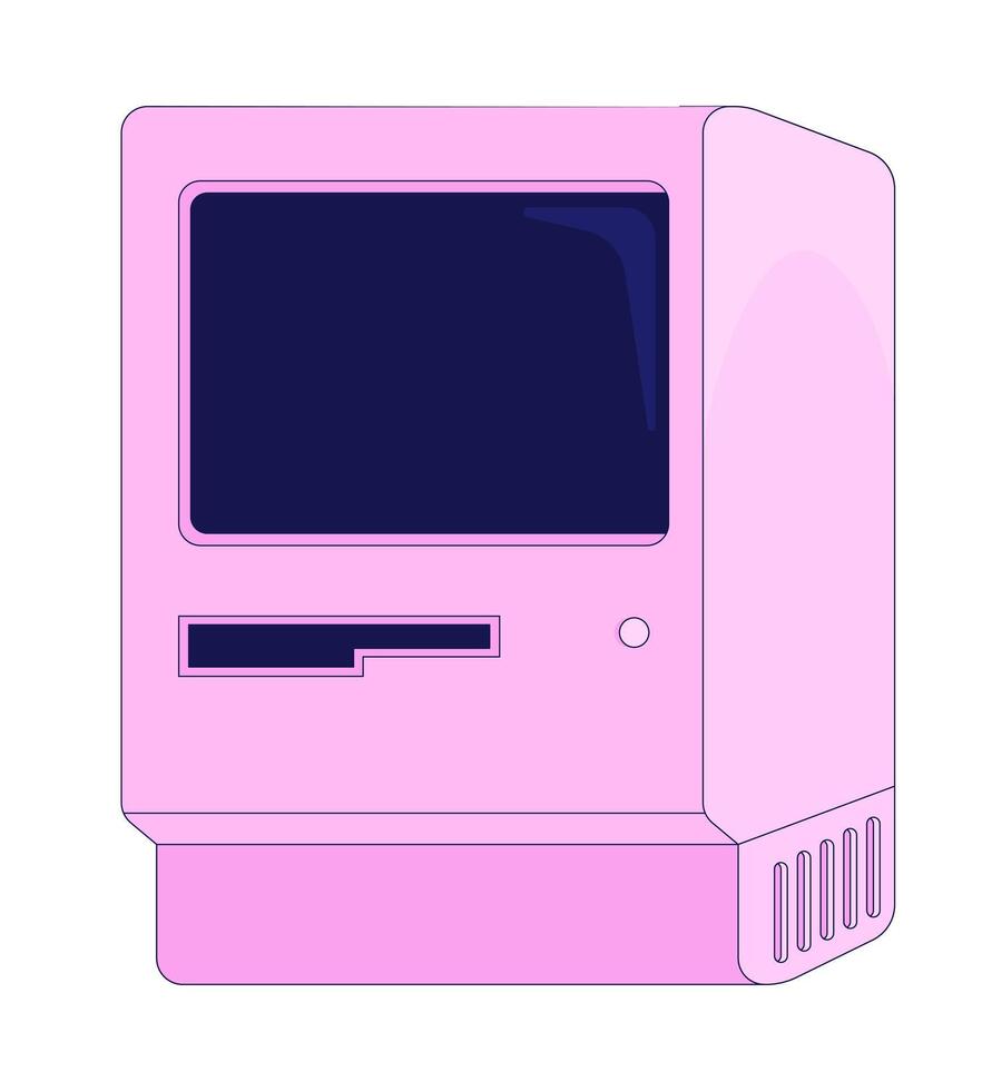 Retro pink Macintosh style computer with floppy drive slot 2D cartoon object. Y2k hardware. Tech nostalgia. Oldschool technology isolated element flat clip art on white. Spot illustration vector