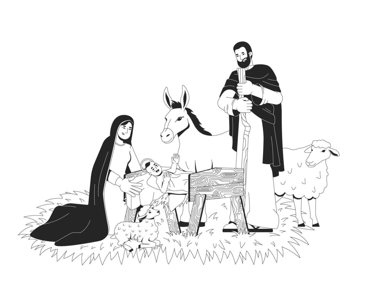 Nativity with baby Jesus and family 2D line bible characters. Divine newborn in manger, surrounded by Mary, Joseph, donkey, lambs isolated ink outline people. Monochromatic spot illustration vector