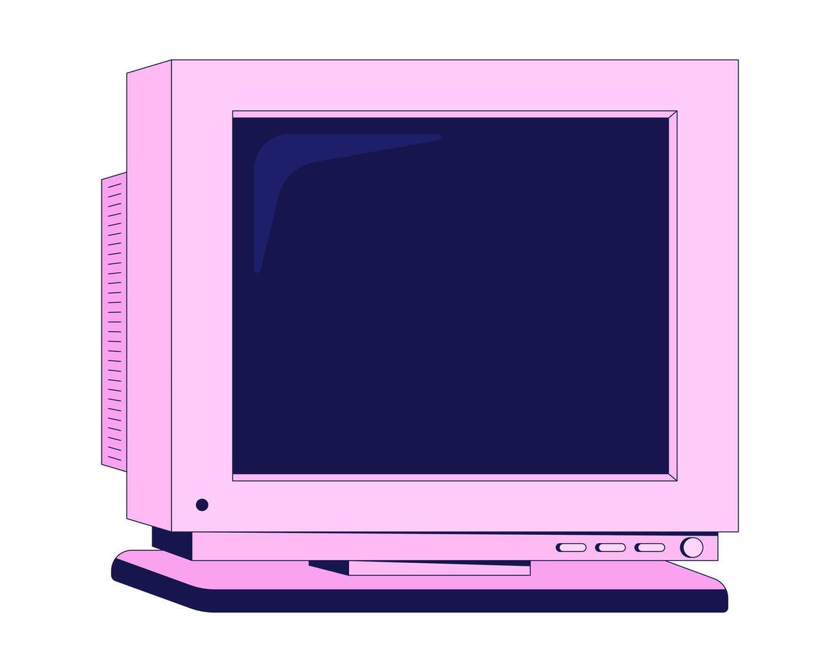 Angled pink CRT monitor bulky 90s screen 2D cartoon object. Analog display. Y2k hardware. Tech nostalgia. Oldschool technology isolated element flat clip art on white. Spot illustration vector