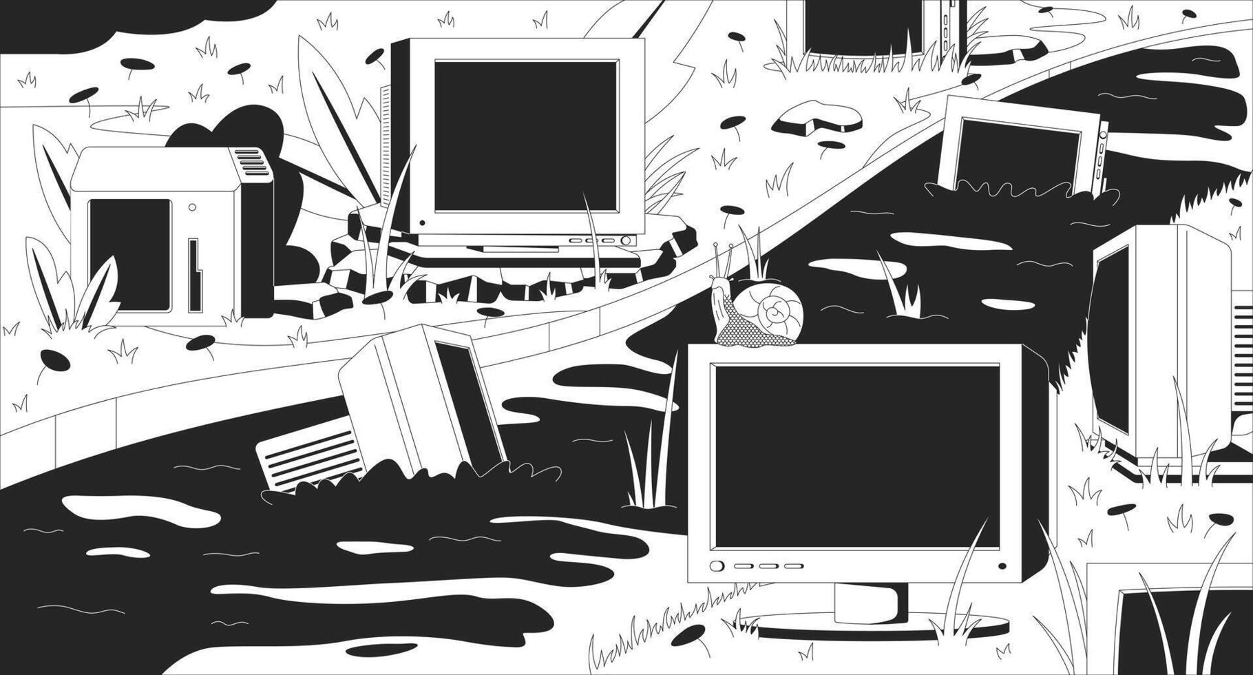 Abandoned CRT monitors in grassy stream lofi illustration outline. Nature reclaiming. Slow technology. Outdated computers swamp 2D ink linear flat lo fi drawing. line art aesthetic wallpaper vector