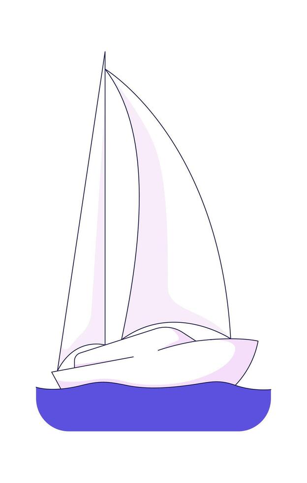 Minimalist white sailboat gliding on calm waters 2D cartoon object. Floating vessel. Marine travel. Ocean journey. Sailing boat isolated element flat clip art on white. Spot illustration vector