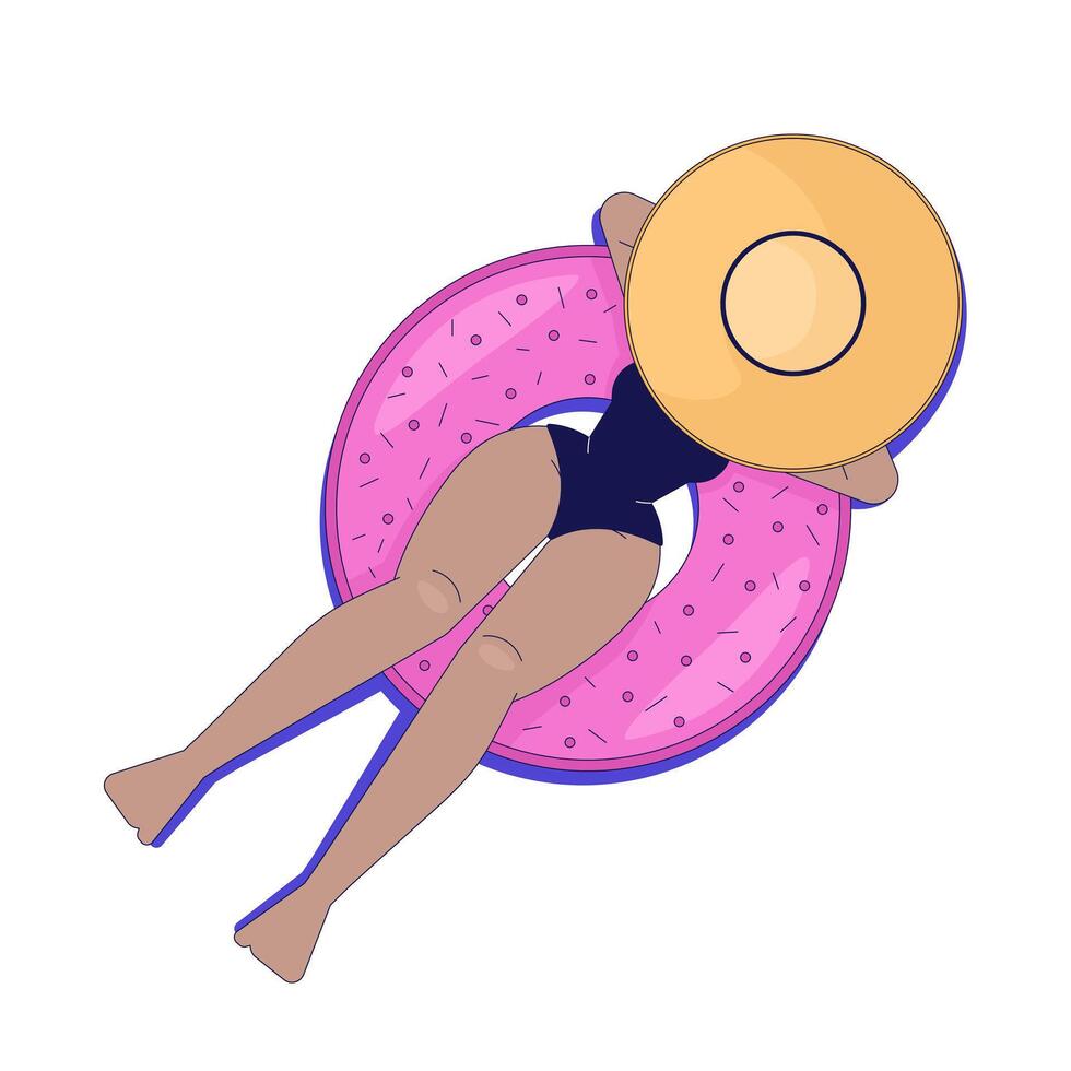 Black woman relaxing on donut float top view 2D cartoon character. Swimwear girl floating on inflatable doughnut ring flat faceless person isolated on white. Spot illustration colorful vector