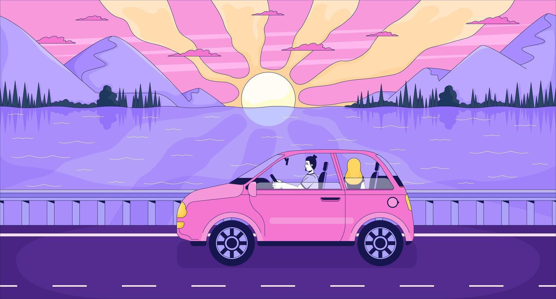 Pink car driving by serene lake vector