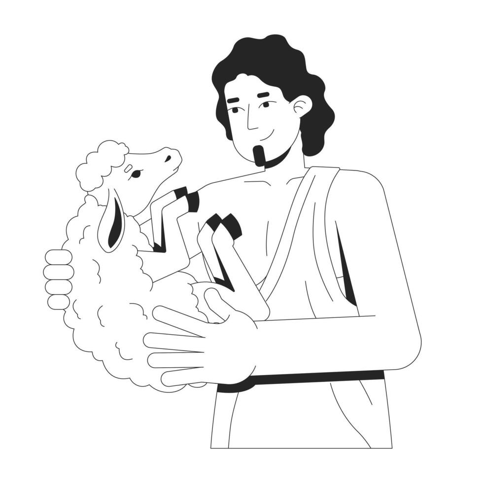 Biblical shepherd tenderly cradling lamb in arms 2D line bible character. Old testament. Compassionate man in toga holding sheep isolated ink outline person. Monochromatic spot illustration vector