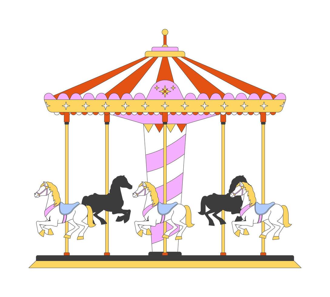 Vintage carousel with spinning horses 2D cartoon object. Striped canopy nostalgic merry go-round. Classic fair entertainment ride isolated element flat clip art on white. Spot illustration vector