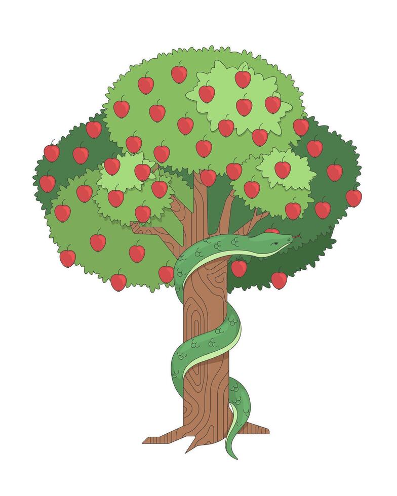Tree of knowledge with serpent and apples 2D cartoon bible character. Temptation forbidden fruit. Garden Eden appletree with coiled snake flat isolated on white. Spot illustration colorful vector