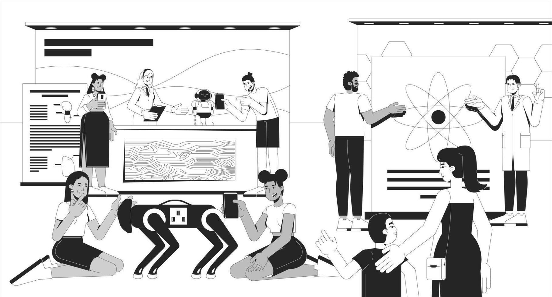 Science festival STEM fair line illustration. Robotics engineer, scientist showcasing robot dog, physics research to visitors 2D ink linear characters monochrome. Flat outline image vector