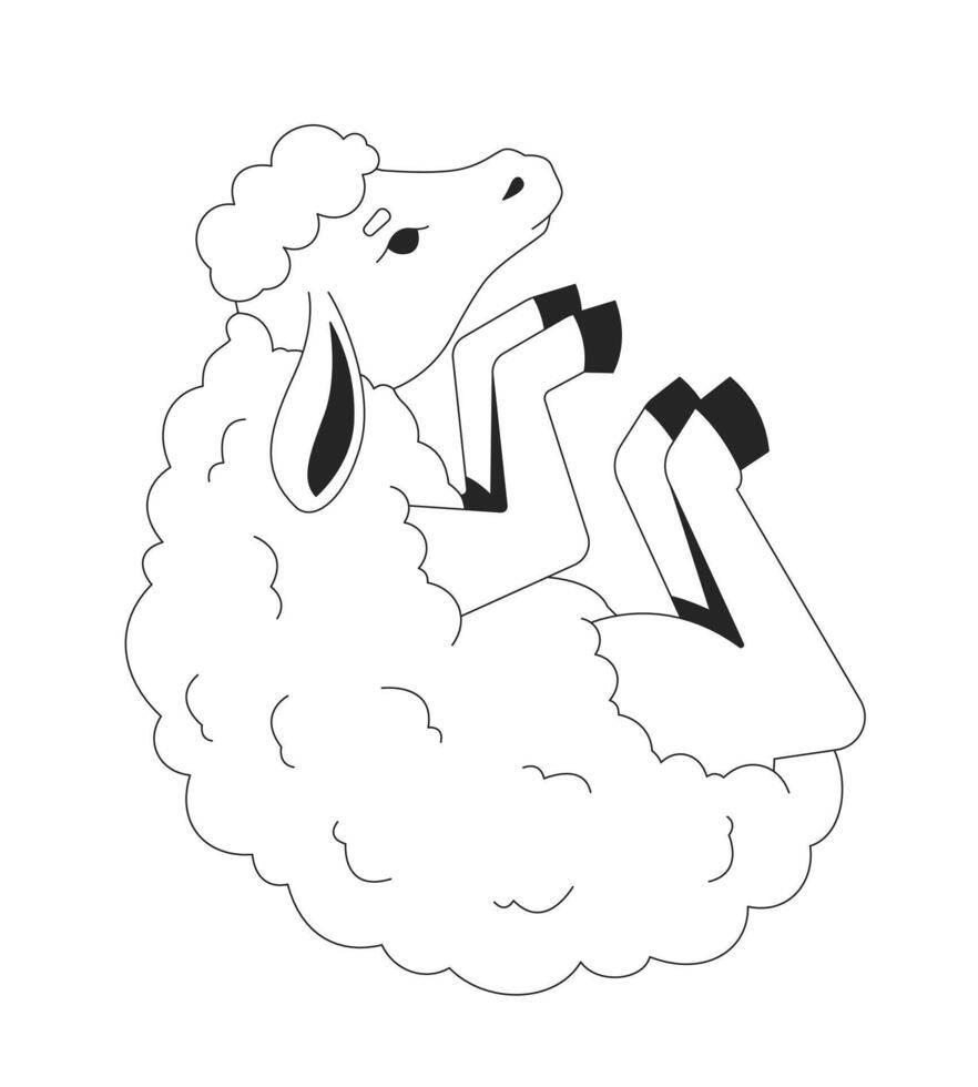 Cute lamb lying on side 2D line character. Fluffy sheep. Soft wool livestock domesticated. Adorable farm animal. Gentle creature isolated ink outline animal. Monochromatic spot illustration vector