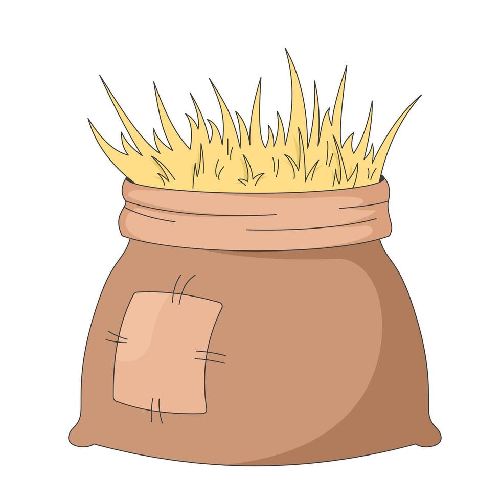Rustic burlap sack filled with straw 2D cartoon object. Hay packaging with stitched patch. Agricultural supply. Rural item isolated element flat clip art on white. Spot illustration vector