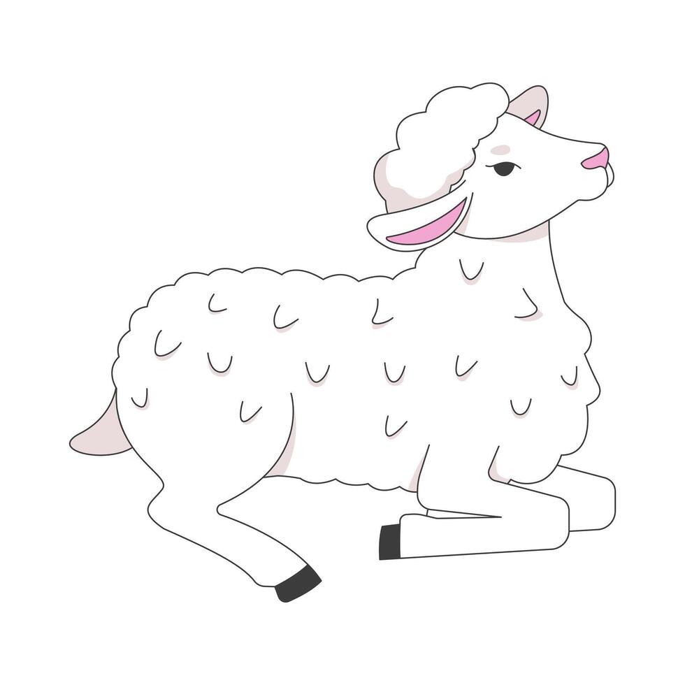 Lamb lying down in peaceful pose 2D cartoon character. Innocence. Pastoral gentle creature. Cute little sheep with soft white wool flat animal isolated on white. Spot illustration colorful vector