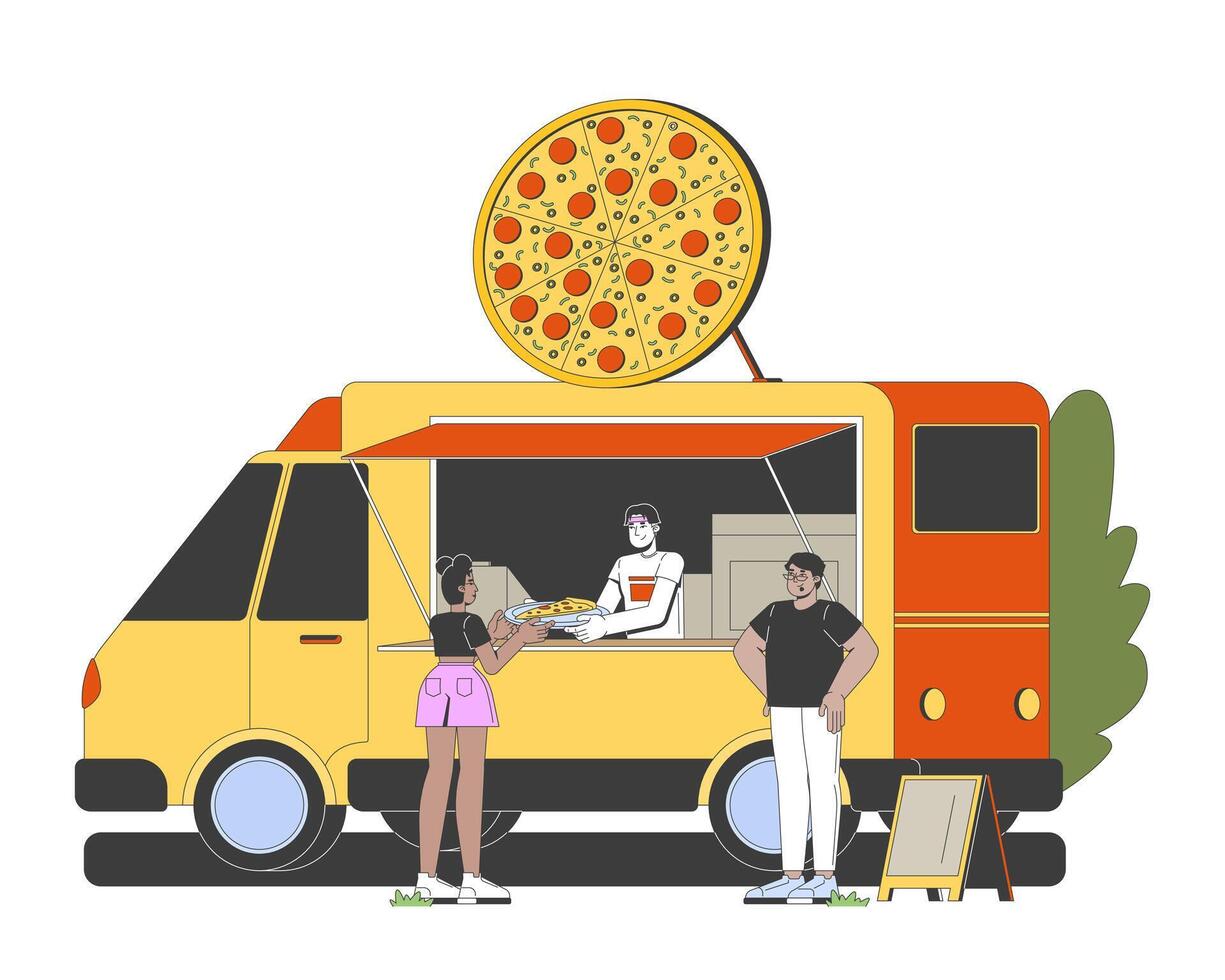 Pizza food truck with customers 2D cartoon characters. Female customer receiving pepperoni slice from mobile pizzeria vendor flat people isolated on white. Spot illustration colorful vector