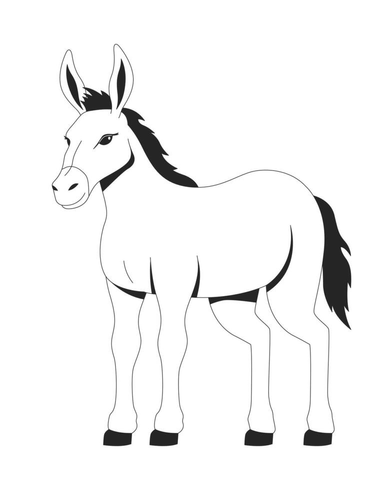 Standing donkey with black mane 2D line character. Domesticated desert animal. Beast of burden. Rural mule. Cute livestock isolated ink outline animal. Monochromatic spot illustration vector