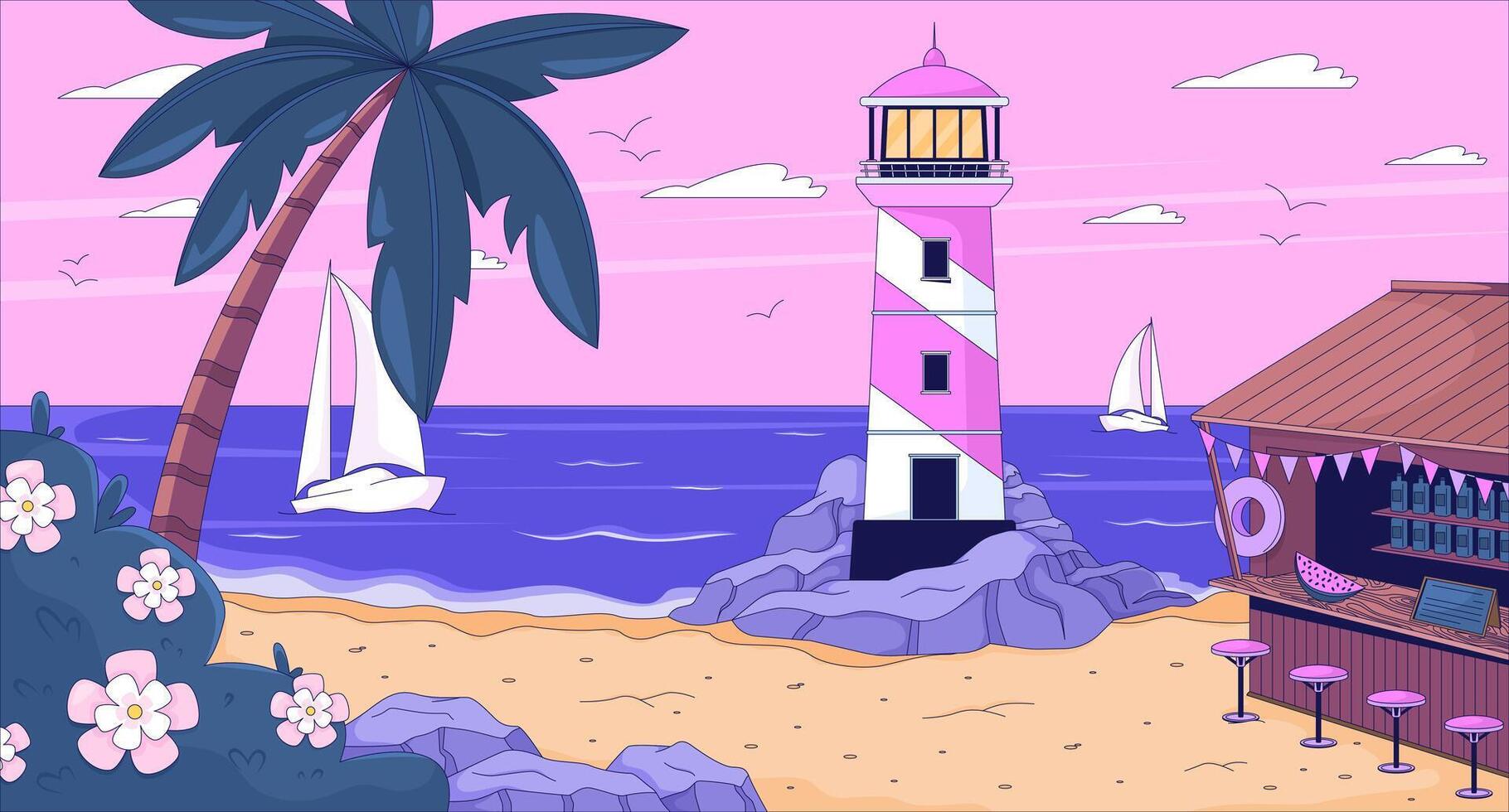 Lighthouse near beach with palm trees vector
