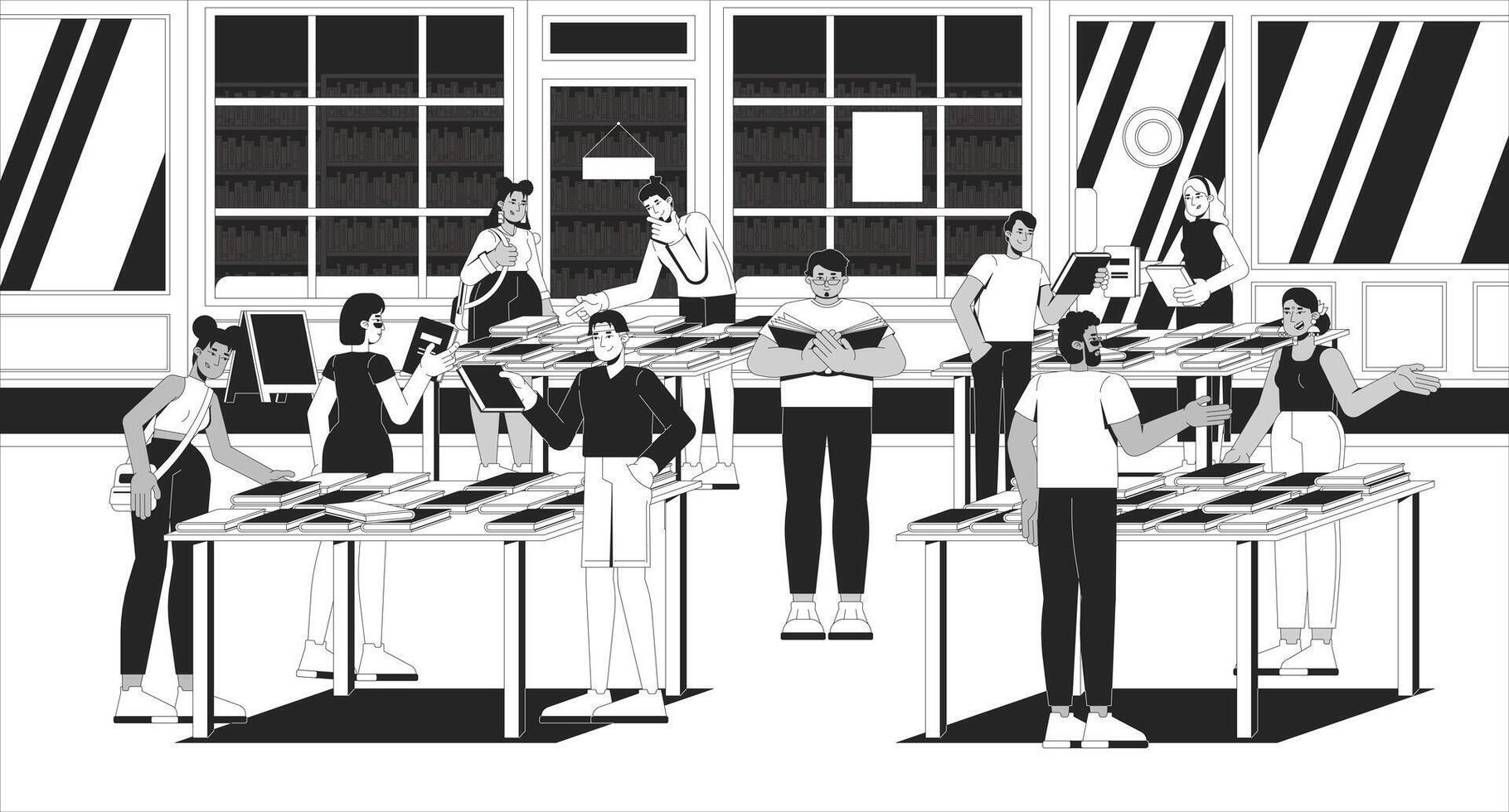 Bookfair with people browsing books on tables line illustration. Library event. Literary festival. Writers readers on book fair 2D ink linear characters monochrome. Flat outline image vector