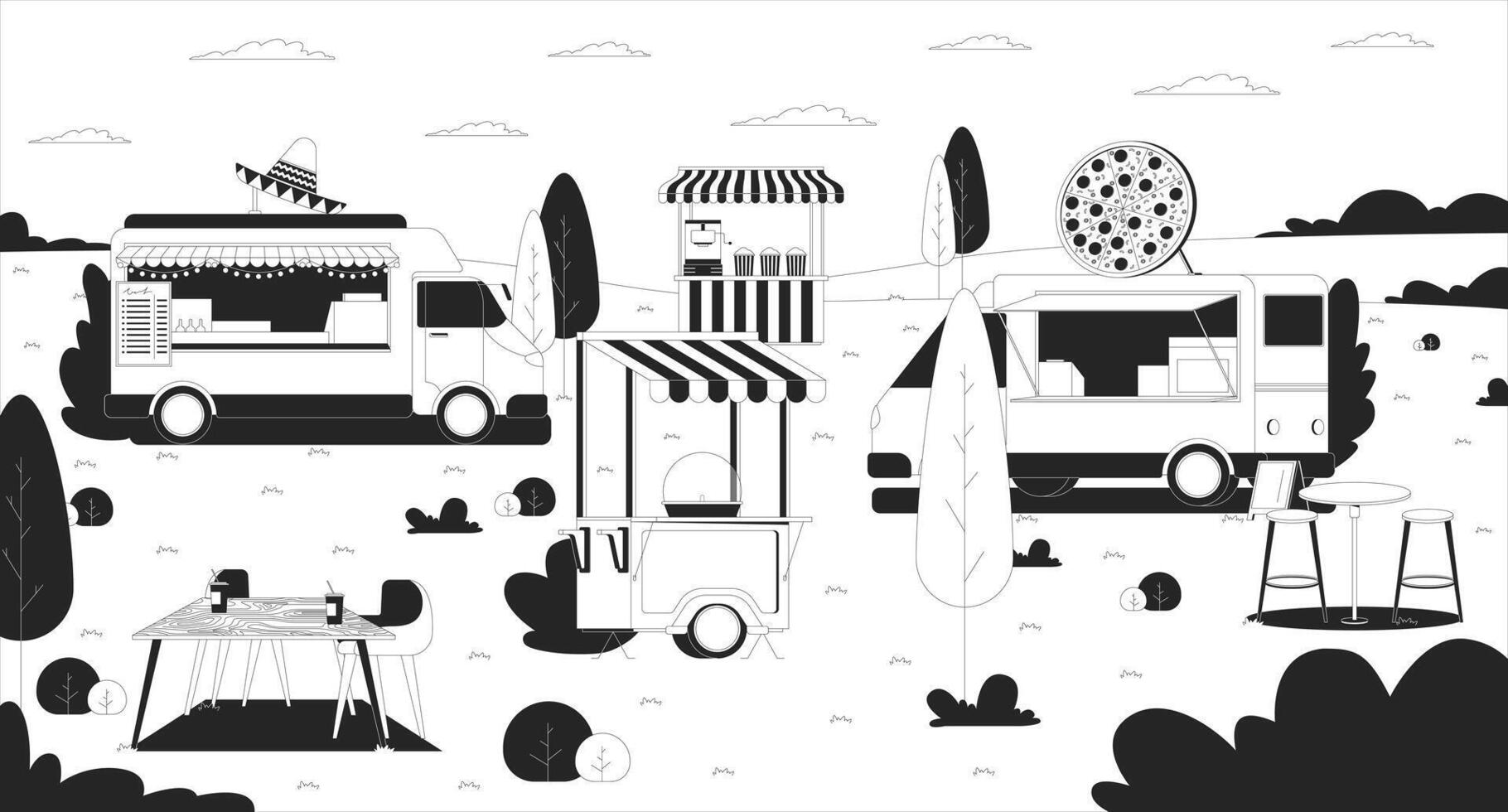 Empty outdoor food truck festival with striped stalls line illustration backdrop. Cotton candy, popcorn cart. Taco, pizza vendor stands 2D ink outline monochrome background. Lineart vector