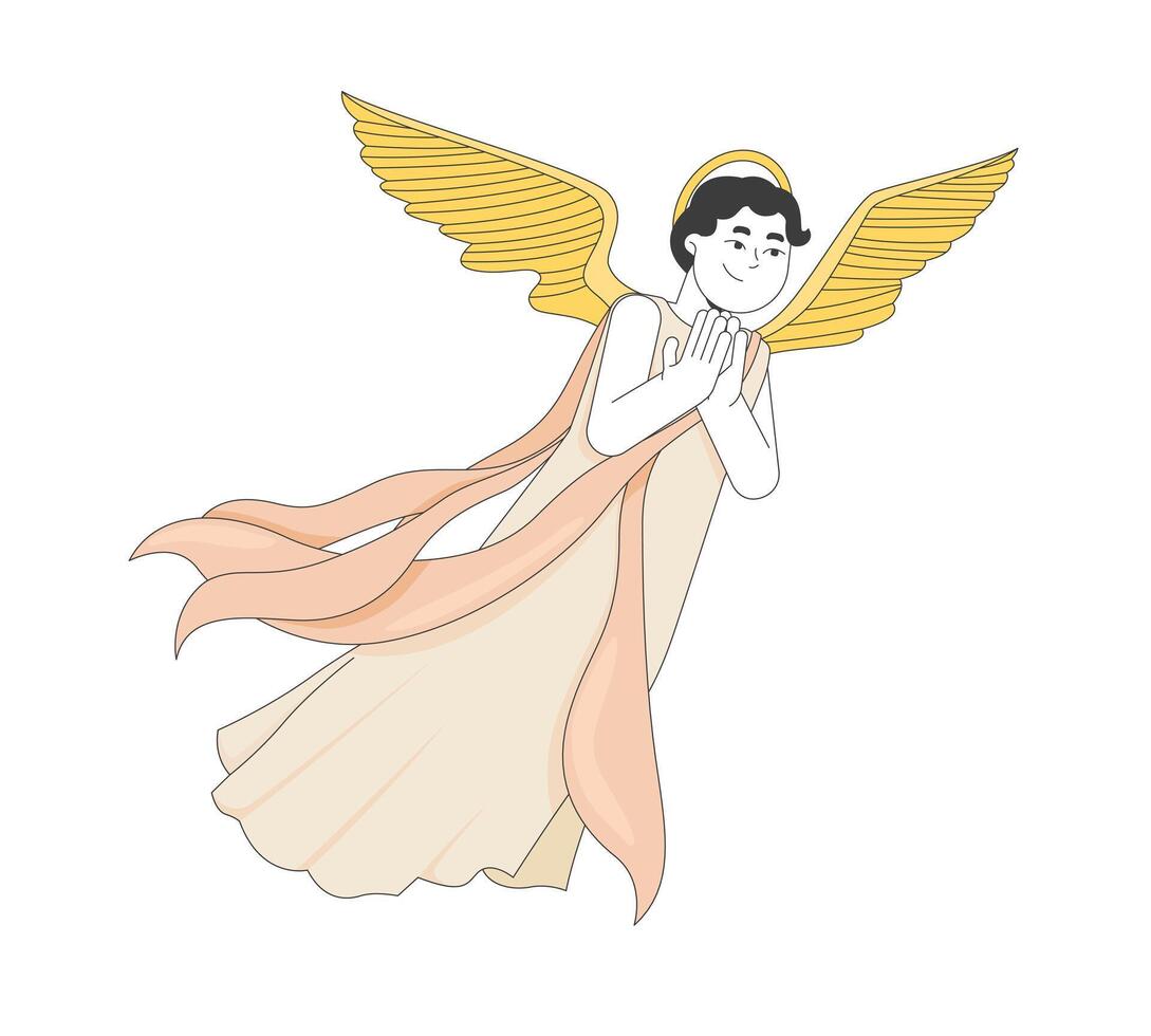 Floating graceful angel with wings and flowing robes 2D cartoon bible character. God messenger. Praying divine being with clasped hands flat person isolated on white. Spot illustration colorful vector