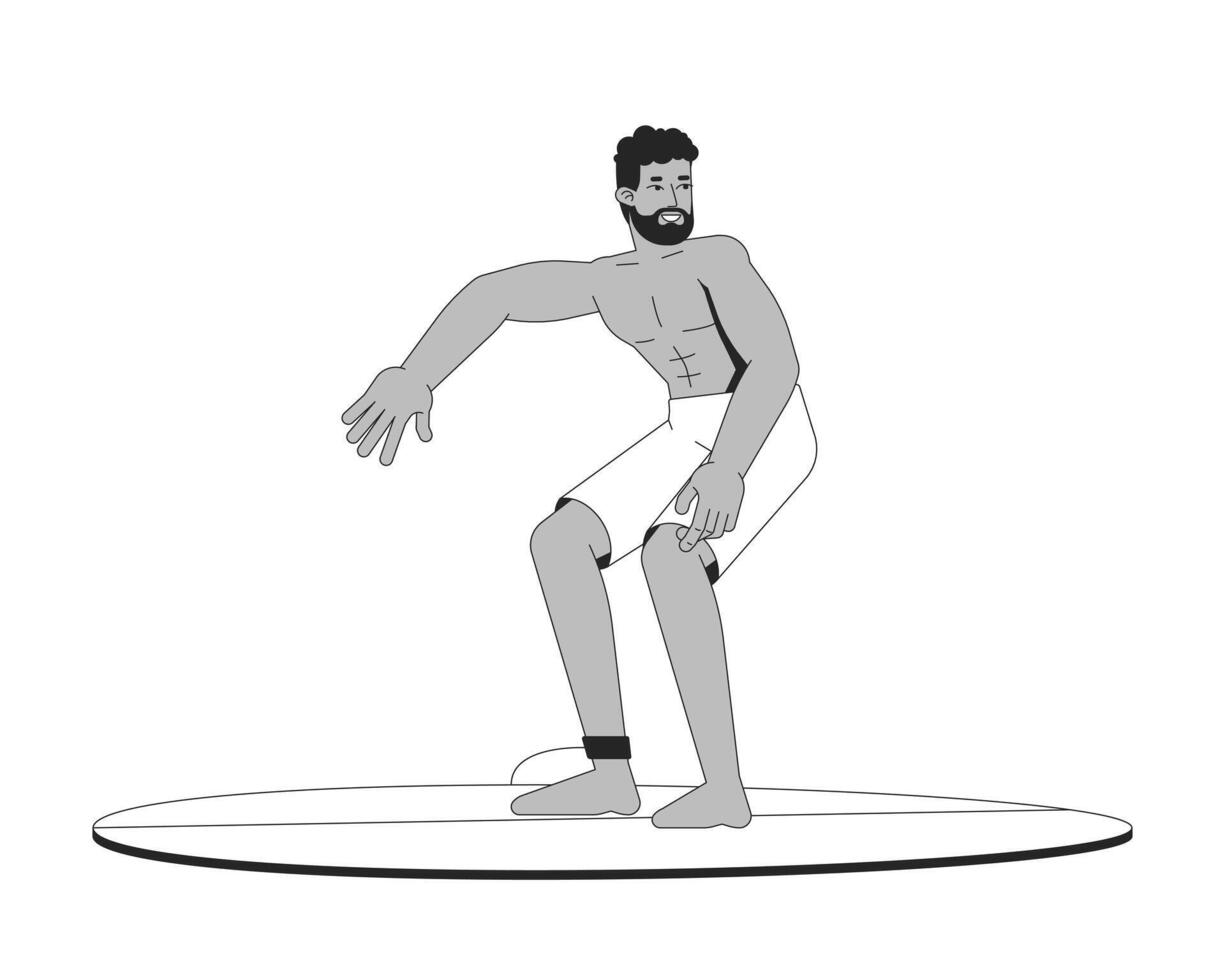 African american man surfing on board 2D line character. Water sport. Muscular bearded black male surfer standing on surfboard isolated ink outline person. Monochromatic spot illustration vector