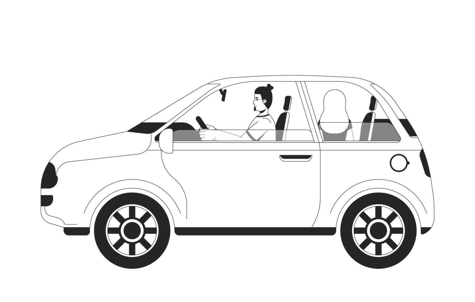 European couple driving in compact car 2D line characters. Road trip, travel. Man driver, woman sitting in passenger seat isolated ink outline people. Monochromatic spot illustration vector