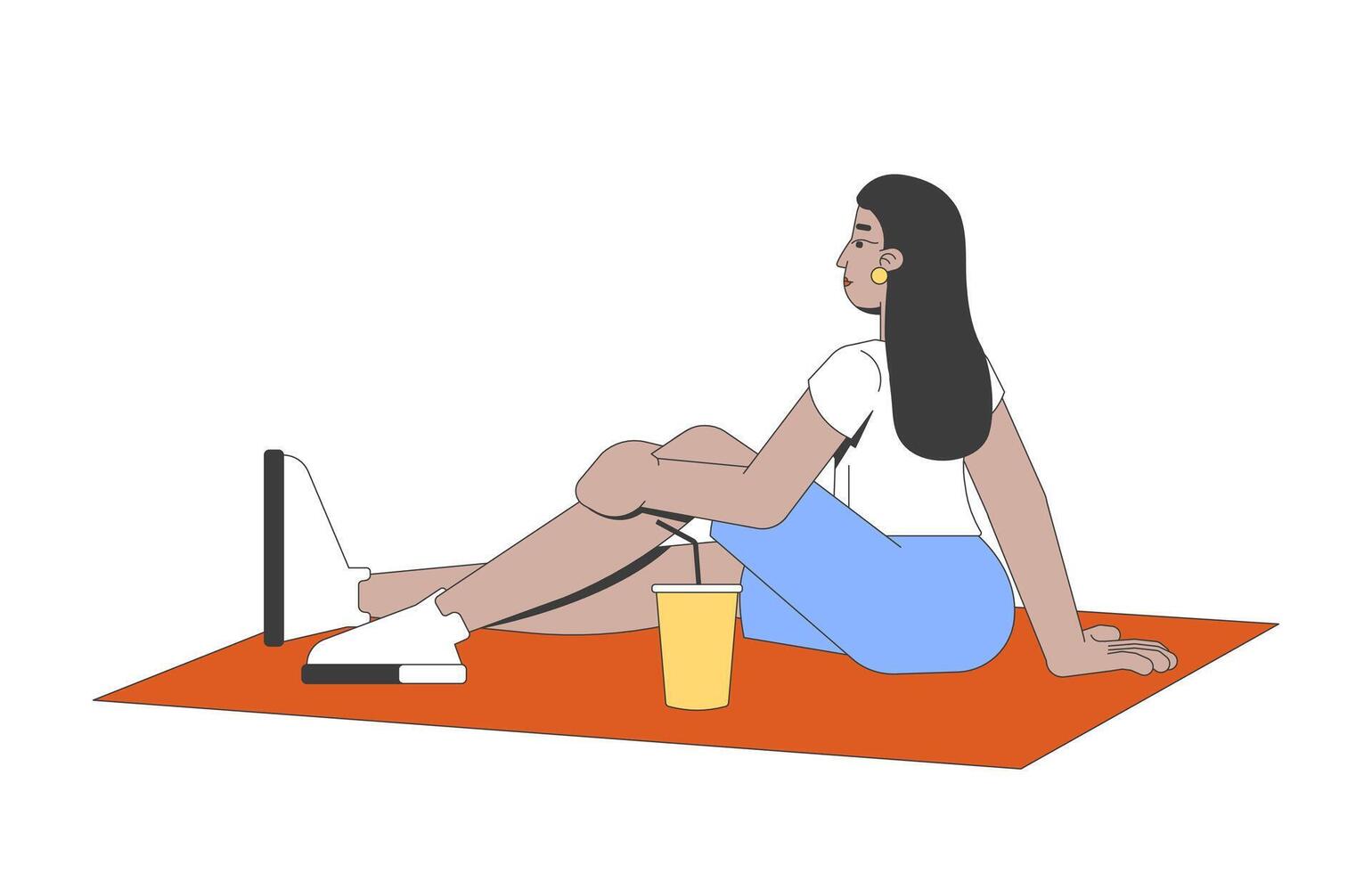 Modern indian woman lounging with drink on picnic blanket 2D cartoon character. Relaxing moment. South asian girl enjoying solo rest flat person isolated on white. Spot illustration colorful vector