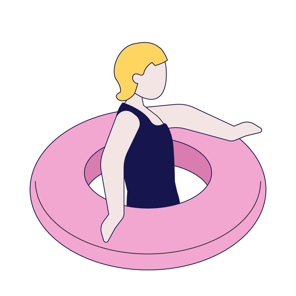 Blonde girl with swim ring 2D cartoon character. Beach child inflatable tube. Young woman in swimsuit swimming pool float flat faceless person isolated on white. Spot illustration colorful vector