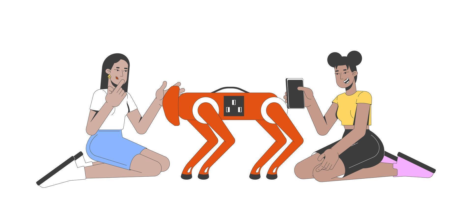 Two diverse young women interacting with robot dog 2D cartoon characters. Black girl taking photo mobile of quadruped robotic pet flat people isolated on white. Spot illustration colorful vector